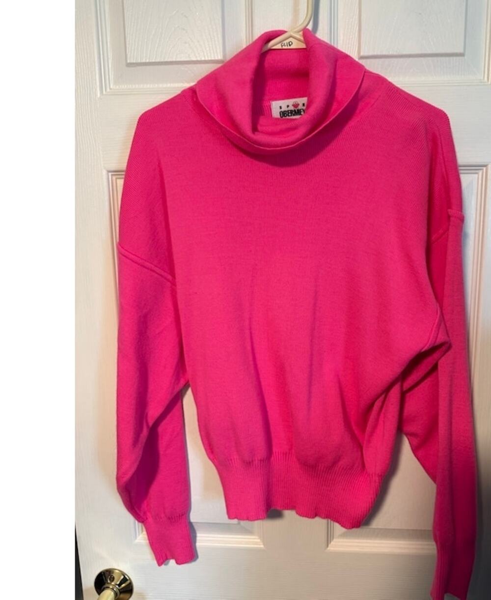 Ladies Vtg Bright Pink Loose Turtleneck Sweater- Women's Large- Hong Kong